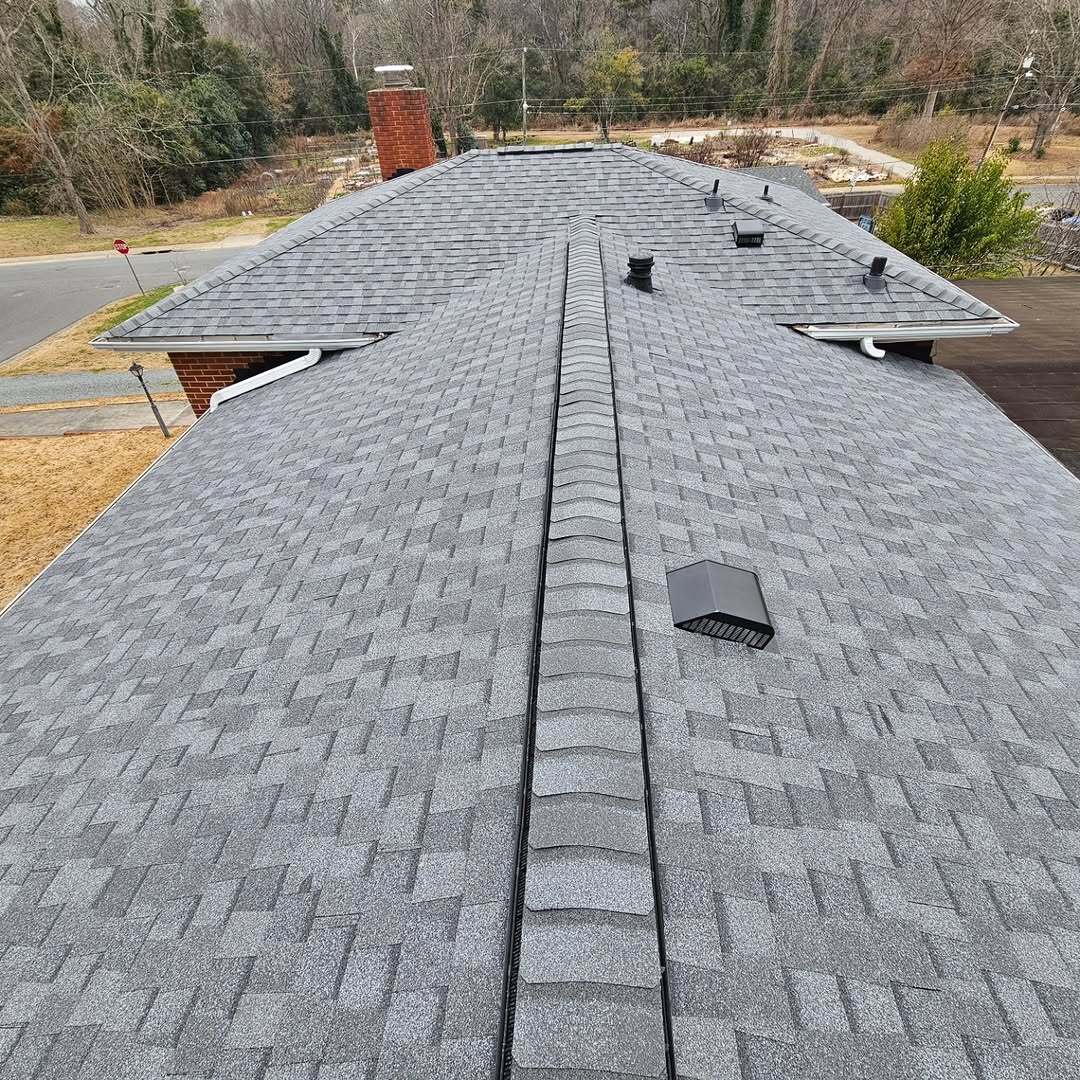 Completed architectural shingle roof viewed from above